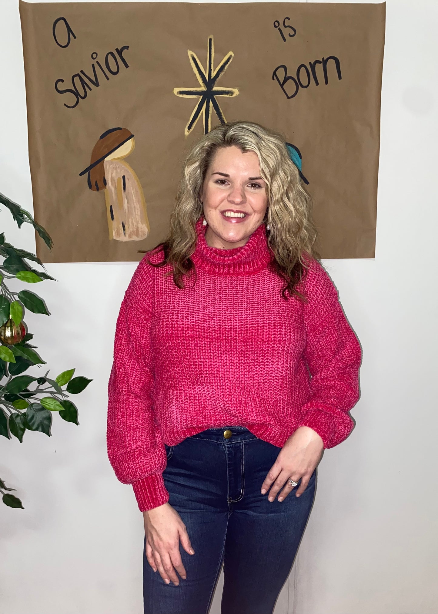 Hot Pink Chenille Turtleneck Sweater