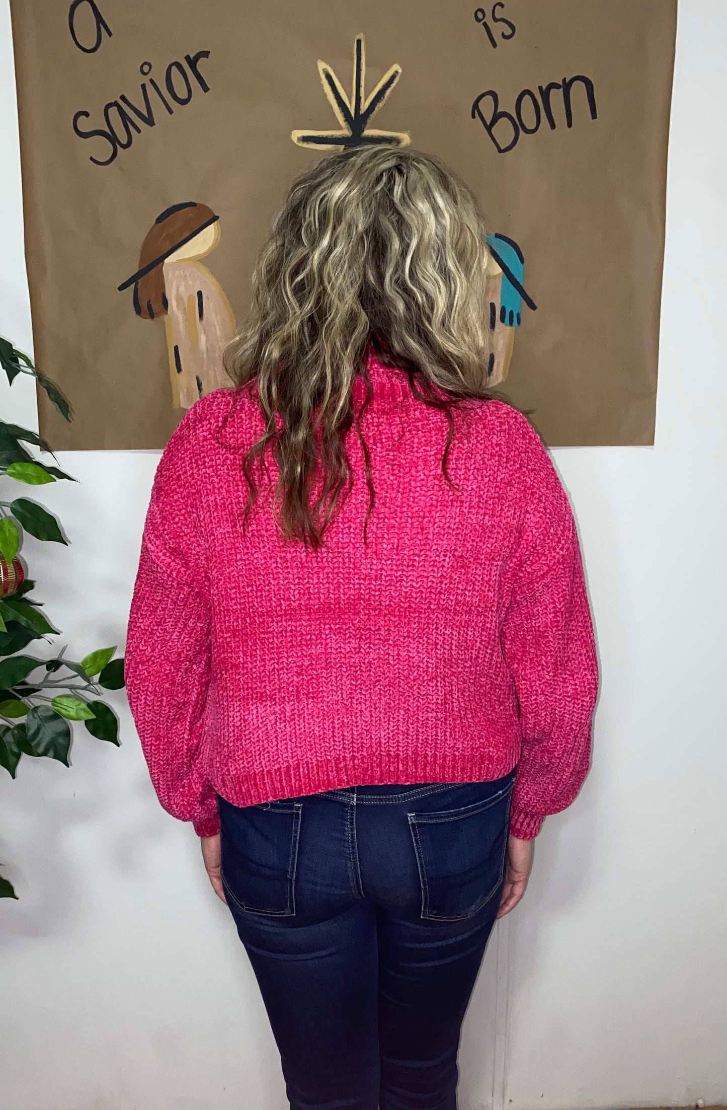 Hot Pink Chenille Turtleneck Sweater