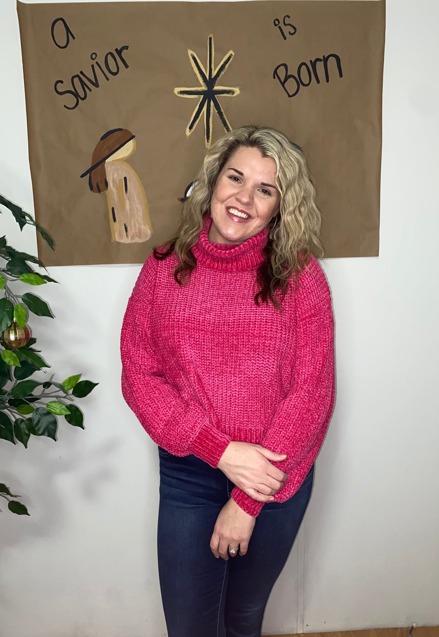 Hot Pink Chenille Turtleneck Sweater