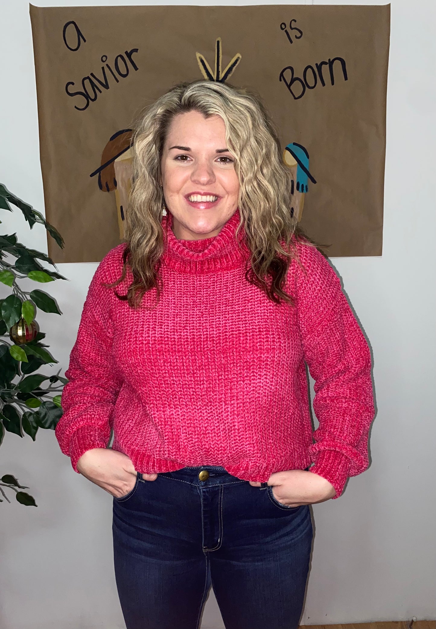 Hot Pink Chenille Turtleneck Sweater